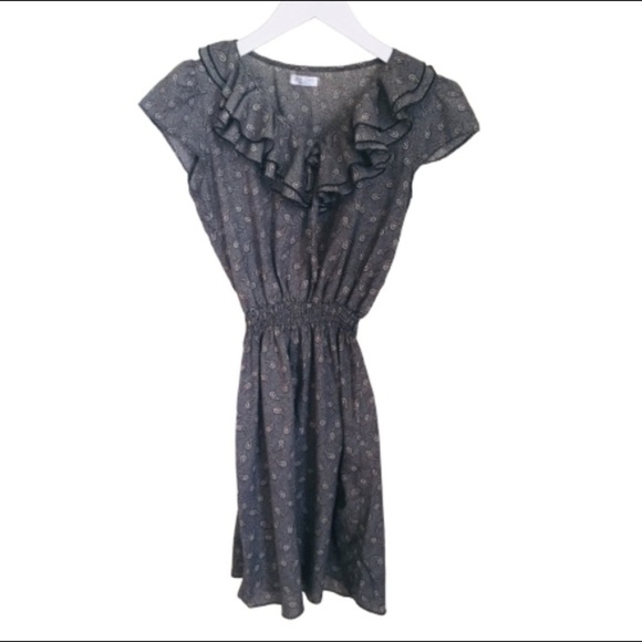 ZA ZEN Ruffle Trim Geo Print Dress With Ruched Waist Brown Xsmall-Small - Picture 8 of 10